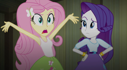 Size: 1280x714 | Tagged: safe, derpibooru import, screencap, fluttershy, rarity, equestria girls, rainbow rocks, armpits, arms in the air, clothes, sleeveless, tanktop, upset