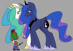 Size: 3020x2125 | Tagged: safe, artist:2hrnap, princess celestia, princess luna, oc, oc:anon, oc:kid anon, alicorn, human, pony, auntie luna, clothes, crown, female, gray background, helmet, horn, jewelry, male, mare, momlestia, open mouth, regalia, royal sisters, shield, siblings, simple background, sisters, smiling, sword, weapon, wings, wooden sword