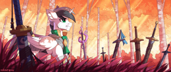 Size: 2361x1000 | Tagged: safe, artist:redchetgreen, oc, oc only, alicorn, pony, alicorn oc, armor, bandage, grass, graveyard, horn, male, solo, sword, tree, weapon, wings