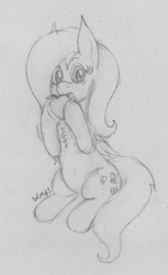 Size: 1651x2690 | Tagged: safe, artist:wapamario63, fluttershy, pegasus, pony, apple, cute, fangs, female, food, looking at you, mare, monochrome, shyabetes, sitting, sketch, solo, traditional art