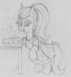 Size: 1821x1971 | Tagged: safe, artist:wapamario63, fluttershy, pegasus, pony, alternate hairstyle, apron, clothes, cute, dress, female, food, looking at you, mare, monochrome, pie, ponytail, sketch, solo, traditional art