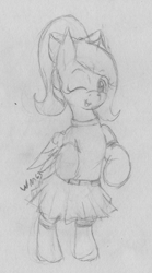 Size: 1270x2279 | Tagged: safe, artist:wapamario63, fluttershy, pegasus, pony, alternate hairstyle, bipedal, bow, clothes, cute, female, looking at you, mare, monochrome, shyabetes, sketch, skirt, socks, solo, traditional art, winking at you