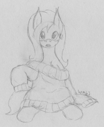 Size: 1777x2173 | Tagged: safe, artist:wapamario63, fluttershy, pegasus, pony, chest fluff, clothes, cute, female, looking at you, mare, monochrome, shyabetes, sitting, sketch, solo, sweater, sweatshirt, traditional art
