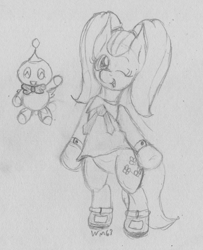 Size: 1689x2085 | Tagged: safe, artist:wapamario63, fluttershy, pegasus, pony, alternate hairstyle, bipedal, bow, chao, clothes, cosplay, cream the rabbit, cute, female, mare, monochrome, one eye closed, outfit, shyabetes, sketch, solo, sonic the hedgehog (series), traditional art, twintails, wink