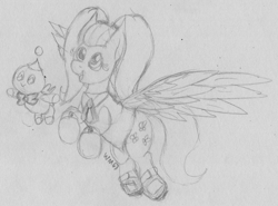 Size: 2656x1967 | Tagged: safe, artist:wapamario63, fluttershy, pegasus, pony, alternate hairstyle, bow, chao, clothes, cosplay, cream the rabbit, cute, female, flying, mare, monochrome, outfit, shyabetes, sketch, solo, sonic the hedgehog (series), spread wings, traditional art, twintails, wings