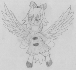 Size: 2571x2373 | Tagged: safe, artist:wapamario63, fluttershy, pegasus, pony, alternate hairstyle, blushing, bow, clothes, cosplay, cute, female, flying, kirby, kirby 64, mare, monochrome, outfit, ribbon, ribbon (kirby), solo, spread wings, traditional art, wings
