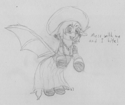 Size: 2646x2224 | Tagged: safe, artist:wapamario63, fluttershy, bat pony, pony, alternate hairstyle, chest fluff, dialogue, dress, fangs, female, flower, flutterbat, flying, jewelry, mare, monochrome, necklace, outfit, piercing, resident evil, resident evil 8, threatening, traditional art, vampire bat pony, wings