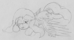 Size: 2880x1544 | Tagged: safe, artist:wapamario63, fluttershy, pegasus, pony, female, lying down, mare, monochrome, one eye closed, sketch, solo, spread wings, tired, traditional art, wings