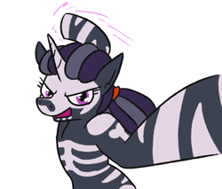 Size: 747x636 | Tagged: safe, artist:jargon scott, derpibooru import, oc, oc only, oc:nyxzala, hybrid, unicorn, zebra, zebracorn, zony, dreadlocks, female, filly, grein, imminent punch, lidded eyes, looking at you, magical lesbian spawn, mare, offscreen character, offspring, open mouth, parent:oc:nyx, parent:oc:zala, parents:oc x oc, pov, simple background, solo, this will end in pain, white background