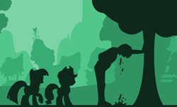 Size: 1100x668 | Tagged: safe, artist:azdaracylius, ponerpics import, applejack, twilight sparkle, earth pony, human, pony, unicorn, apple, apple tree, fanfic art, silhouette, tree, vomit, vomiting