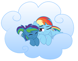 Size: 1280x1010 | Tagged: safe, artist:aleximusprime, derpibooru import, rainbow dash, oc, oc:storm streak, pegasus, pony, flurry heart's story, backwards cutie mark, cloud, colt, cuddling, eyes closed, female, male, mare, momma dash, mother and child, mother and son, on a cloud, one eye closed, parent and child, resting, shorter hair, sleeping, sleeping on a cloud, smiling