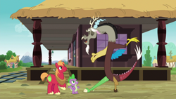Size: 1280x720 | Tagged: safe, derpibooru import, screencap, big macintosh, discord, spike, draconequus, dragon, earth pony, pony, dungeons and discords, eyes closed, male, open mouth, train station, trio, trio male