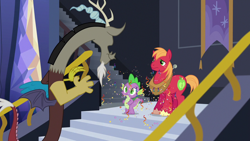 Size: 1280x720 | Tagged: safe, derpibooru import, screencap, big macintosh, discord, spike, draconequus, dragon, earth pony, pony, dungeons and discords, confetti, male, open mouth, trio, trio male, twilight's castle