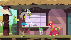 Size: 1280x720 | Tagged: safe, derpibooru import, screencap, big macintosh, discord, spike, draconequus, dragon, earth pony, pony, dungeons and discords, male, open mouth, train station, trio, trio male, walking