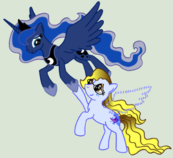 Size: 1483x1355 | Tagged: safe, artist:azdaracylius, ponerpics import, princess luna, oc, oc:white light, alicorn, earth pony, pony, duo, earth pony oc, female, flying, glasses, holding hooves, mare, phantom wings, wings