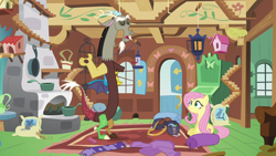 Size: 1280x720 | Tagged: safe, derpibooru import, screencap, discord, draconequus, pegasus, pony, dungeons and discords, clothes, duo, eyes closed, female, fluttershy's cottage, male, open mouth, scarf, sitting, sweater