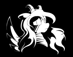 Size: 3704x2880 | Tagged: safe, artist:azdaracylius, ponerpics import, oc, oc only, oc:elysium rose, demon, demon pony, original species, pony, black and white, bust, female, grayscale, horns, mare, monochrome, portrait, solo, wings