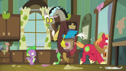 Size: 1280x720 | Tagged: safe, derpibooru import, screencap, big macintosh, discord, spike, draconequus, dragon, earth pony, pony, the break up breakdown, angry, male, trio, trio male, trotting