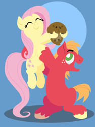 Size: 2160x2880 | Tagged: safe, anonymous artist, derpibooru import, big macintosh, fluttershy, earth pony, pegasus, pony, series:fm holidays, blue background, cute, eyes closed, female, fluttermac, groundhog, groundhog day, holding a pony, male, mare, shipping, shyabetes, simple background, sitting, smiling, stallion, straight