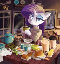 Size: 3601x3849 | Tagged: safe, artist:saxopi, derpibooru import, rarity, pony, unicorn, bread, bubble tea, butter, cafe, chair, clothes, crackers, cup, food, horn, knife, leaves, looking at you, plate, saucer, smiling, solo, spoon, straw, sweater, table, tea, teapot