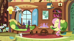 Size: 1920x1080 | Tagged: safe, derpibooru import, screencap, discord, fluttershy, pegasus, pony, make new friends but keep discord, cup, duo, teacup, teapot