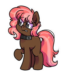 Size: 866x1044 | Tagged: safe, artist:paperbagpony, derpibooru import, oc, oc:scarlet trace (coffee bean), collar, female, freckles, mare, nervous
