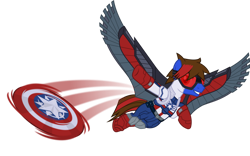 Size: 1280x797 | Tagged: safe, artist:mlp-trailgrazer, derpibooru import, oc, oc:jordan, pegasus, pony, captain america, clothes, cosplay, costume, falcon (marvel comics), male, shield, simple background, solo, stallion, transparent background