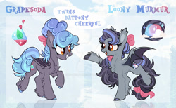 Size: 1024x631 | Tagged: safe, artist:chotbophoe, derpibooru import, oc, oc only, oc:grapesoda, oc:loony murmur, bat pony, pony, bow, chest fluff, cute, ear fluff, ears, female, hair bow, mare, smiling, tail bow, unshorn fetlocks