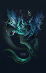 Size: 808x1280 | Tagged: safe, artist:komical, derpibooru import, queen chrysalis, angler fish, changeling, changeling queen, fish, merpony, seapony (g4), unicorn, angler seapony, bioluminescent, colored pupils, crown, eyelashes, fangs, female, fin wings, fish tail, flowing mane, glow, green eyes, horn, jewelry, logo, regalia, seaponified, solo, species swap, tail, underwater, water, wings