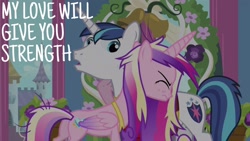 Size: 1920x1080 | Tagged: safe, derpibooru import, edit, edited screencap, editor:quoterific, screencap, princess cadance, shining armor, alicorn, pony, unicorn, a canterlot wedding, duo, eyes closed, female, hug, male, messy mane