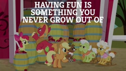 Size: 1920x1080 | Tagged: safe, derpibooru import, edit, edited screencap, screencap, apple bloom, applejack, big macintosh, goldie delicious, granny smith, winona, dog, earth pony, pony, going to seed, apple, applejack's hat, bow, clothes, cowboy hat, female, filly, food, hat, male, open mouth, sitting