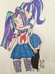 Size: 500x667 | Tagged: safe, artist:anastasiaserya, derpibooru import, aria blaze, starlight glimmer, equestria girls, clothes, female, hug, knife, uniform, yandere