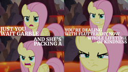 Size: 2000x1125 | Tagged: safe, derpibooru import, edit, edited screencap, editor:quoterific, screencap, fluttershy, pegasus, pony, sweet and smoky, angry, female, implied garble, lava, open mouth, solo