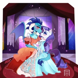 Size: 1080x1080 | Tagged: safe, artist:zakkurro, derpibooru import, princess ember, rarity, anthro, dragon, unicorn, blushing, clothes, dragoness, dress, emberity, female, lesbian, looking away, mare, shipping