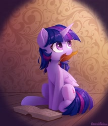 Size: 2400x2800 | Tagged: safe, artist:emeraldgalaxy, derpibooru import, twilight sparkle, twilight sparkle (alicorn), alicorn, pony, book, chest fluff, cute, female, leg fluff, looking back, looking up, mare, mouth hold, nom, quill, short mane, shoulder fluff, sitting, smiling, solo, twiabetes