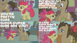 Size: 2000x1125 | Tagged: safe, derpibooru import, edit, edited screencap, editor:quoterific, screencap, apple bloom, doctor whooves, earth pony, pony, unicorn, call of the cutie, angry, apron, bipedal, bow, clothes, duo, female, male, open mouth, scared, shocked, walking