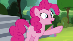 Size: 1920x1080 | Tagged: safe, derpibooru import, screencap, pinkie pie, earth pony, pony, horse play, female, mare, open mouth, raised hoof, raised leg, solo