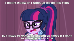 Size: 1280x720 | Tagged: safe, derpibooru import, edit, edited screencap, screencap, sci-twi, twilight sparkle, human, better together, equestria girls, stressed in show, amy rose, female, glasses, open mouth, solo, sonic the hedgehog (series), tara strong, worried