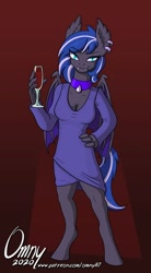 Size: 400x726 | Tagged: safe, artist:omny87, derpibooru import, oc, oc:kassy nighty, anthro, bat pony, unguligrade anthro, anthro oc, bat pony oc, bat wings, blue eyes, clothes, cocktail, cocktail dress, cocktail glass, dress, ear piercing, fangs, female, jewelry, necklace, patreon, patreon reward, piercing, solo, solo female, wings