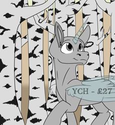 Size: 1463x1588 | Tagged: safe, artist:rokosmith26, derpibooru import, pony, advertisement, commission, forest, looking up, simple background, smiling, solo, text, your character here