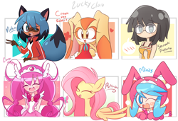 Size: 3000x2050 | Tagged: safe, artist:luckyclau, derpibooru import, fluttershy, human, pegasus, bna: brand new animal, cream the rabbit, cure happy, daybreaker illusion, eyes closed, fuyuna shinzaki, glasses, hoshizora miyuki, michiru kagemori, minits, one eye closed, open mouth, pop n music, six fanarts, slime pretty cure, sonic the hedgehog (series), wink