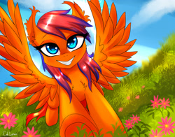 Size: 3643x2859 | Tagged: safe, derpibooru import, oc, pegasus, pony, chest fluff, detailed background, ear fluff, ears, female, firepony, flower, looking at you, mare, orange coat, pegasus oc, smiling, solo, spread wings, two toned mane, underhoof, wings