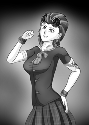 Size: 4961x7016 | Tagged: safe, alternate version, artist:symptom99, derpibooru import, indigo zap, human, equestria girls, abs, bracelet, clothes, female, jewelry, looking at you, monochrome, school uniform, solo, tattoo