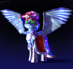 Size: 3300x3100 | Tagged: safe, artist:shido-tara, derpibooru import, rainbow dash, crystal pony, pegasus, pony, armor, cloak, clothes, commission, commissioner:reversalmushroom, evil grin, glowing eyes, grin, looking back, simple background, smiling, sombra eyes