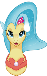 Size: 1920x3141 | Tagged: safe, artist:negatif22, artist:sakuracheetah, derpibooru import, princess skystar, seapony (g4), my little pony: the movie, bioluminescent, blue eyes, bust, clothes, eyelashes, female, flower, flower in hair, flowing mane, freckles, jewelry, lidded eyes, looking at you, necklace, open mouth, pearl necklace, portrait, see-through, simple background, smiling, solo, transparent background