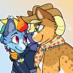 Size: 1000x1000 | Tagged: artist needed, source needed, safe, derpibooru import, applejack, rainbow dash, earth pony, pegasus, pony, appledash, applejack's hat, clothes, cowboy hat, female, freckles, granny smith's shawl, hat, jacket, lesbian, older, older applejack, older rainbow dash, shipping