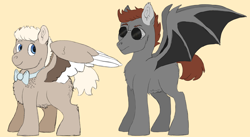 Size: 5464x3002 | Tagged: safe, artist:delarune, ponerpics import, angel, bat pony, demon, pegasus, pony, bowtie, crossover, deleted from derpibooru, duo, good omens, male, simple background, stallion