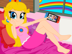 Size: 1182x884 | Tagged: safe, artist:noreentheartist, artist:user15432, derpibooru import, human, equestria girls, barefoot, barely eqg related, base used, bed, bedroom, bowser, bowser jr, clothes, controller, crossover, crown, dress, ear piercing, earring, equestria girls style, equestria girls-ified, feet, goomba, jewelry, joycon, looking at you, luigi, mario, mario party, nintendo, nintendo switch, piercing, pillow, pink dress, princess daisy, princess peach, princess rosalina, rainbow, regalia, rosalina, shy guy, sports outfit, sun, super mario bros., super mario party, toadette, waluigi, window, yoshi