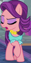 Size: 363x732 | Tagged: safe, derpibooru import, screencap, spoiled rich, earth pony, pony, a horse shoe-in, cropped, eyes closed, female, mare, raised hoof, raised leg, solo