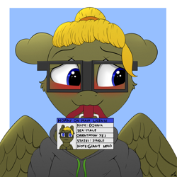 Size: 2000x2000 | Tagged: safe, artist:h3nger, derpibooru import, oc, oc only, oc:donnik, pegasus, pony, blushing, clothes, ears, floppy ears, glasses, high res, hoodie, male, mouth hold, pegasus oc, signature, solo, stallion, wings